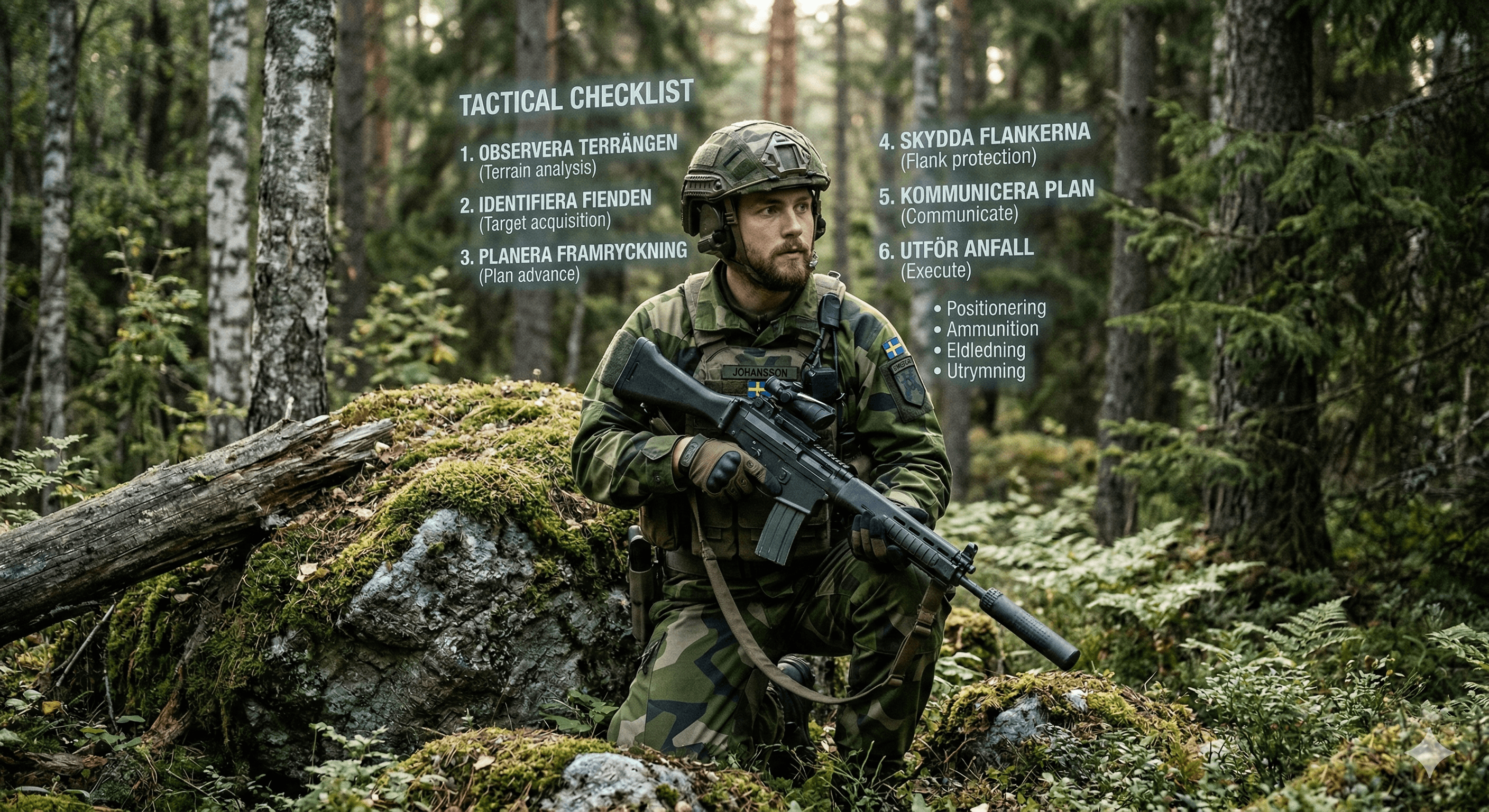 Militära minnesregler – soldat repeterar taktiska minnesramsor i fält